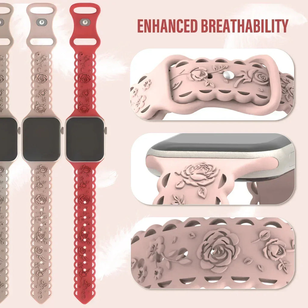 Engraved Floral Strap for Apple Watch Ultra2 49mm 45 44 42 41 40mm 38mm Silicone Band for IWatch Series 9/8/7/6/5/4/3/2/SE Ultra Qme