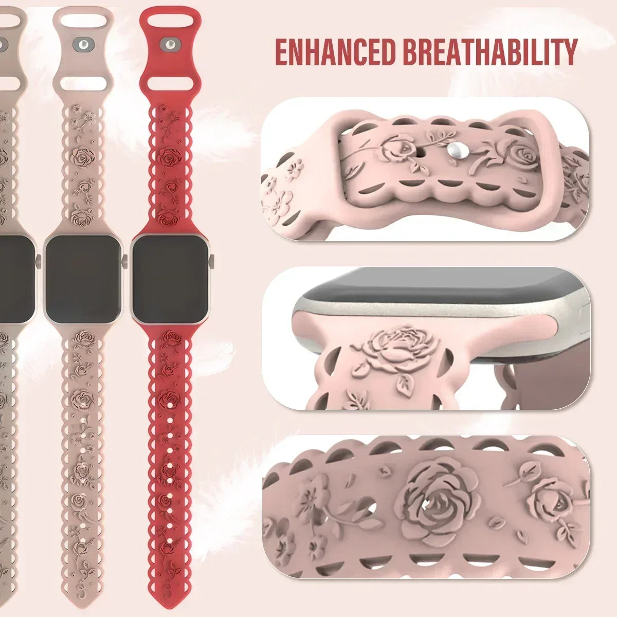 Engraved Floral Strap for Apple Watch Ultra2 49mm 45 44 42 41 40mm 38mm Silicone Band for IWatch Series 9/8/7/6/5/4/3/2/SE Ultra Qme