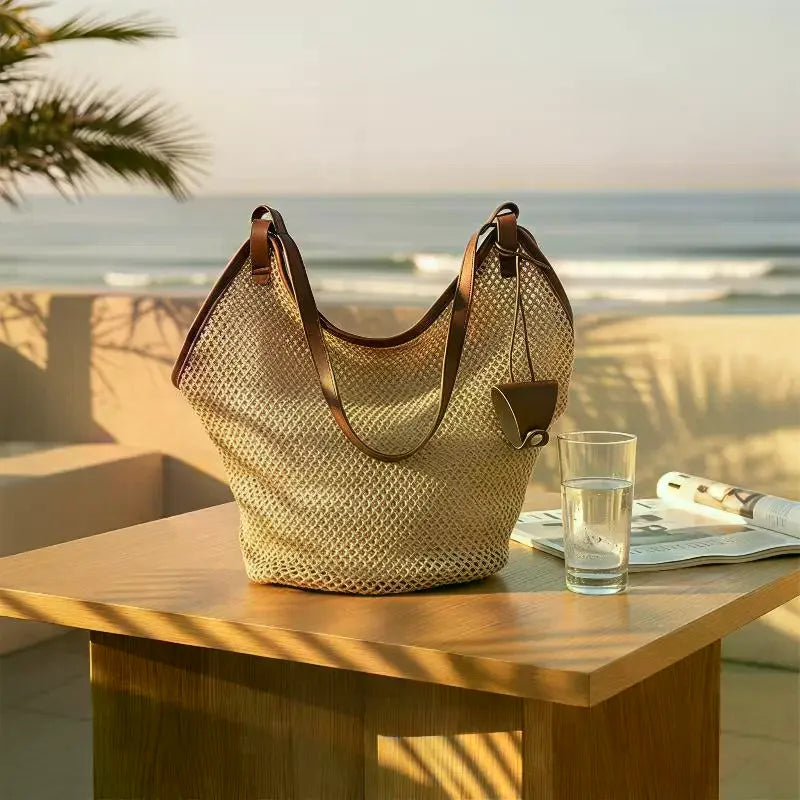 Hollow Out Straw Woven Bag Parent Shoulder Bag Tote Bagwith Sunglasses Clip Bohemian Beach Handbag Bucket Bag Qme