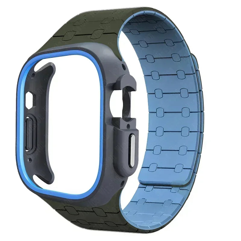 TPU Case+Silicone Strap for Apple Watch Band Ultra 2 49mm 45mm 44mm 41mm Protective Case Bracelet for Iwatch Series 9 8 7 6 5 4 Qme GreenU BU 44mm Series SE 456