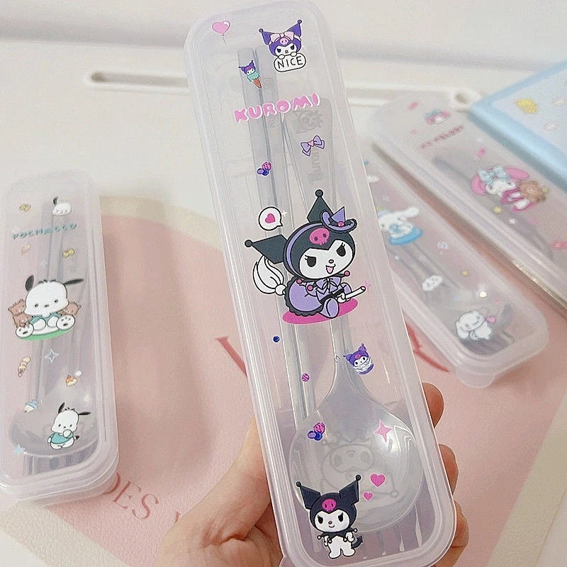 Kuromi Stainless Steel 3-Piece Portable Cutlery Set Cute Cartoon-Themed, Stylish Fork and Spoon Set Qme