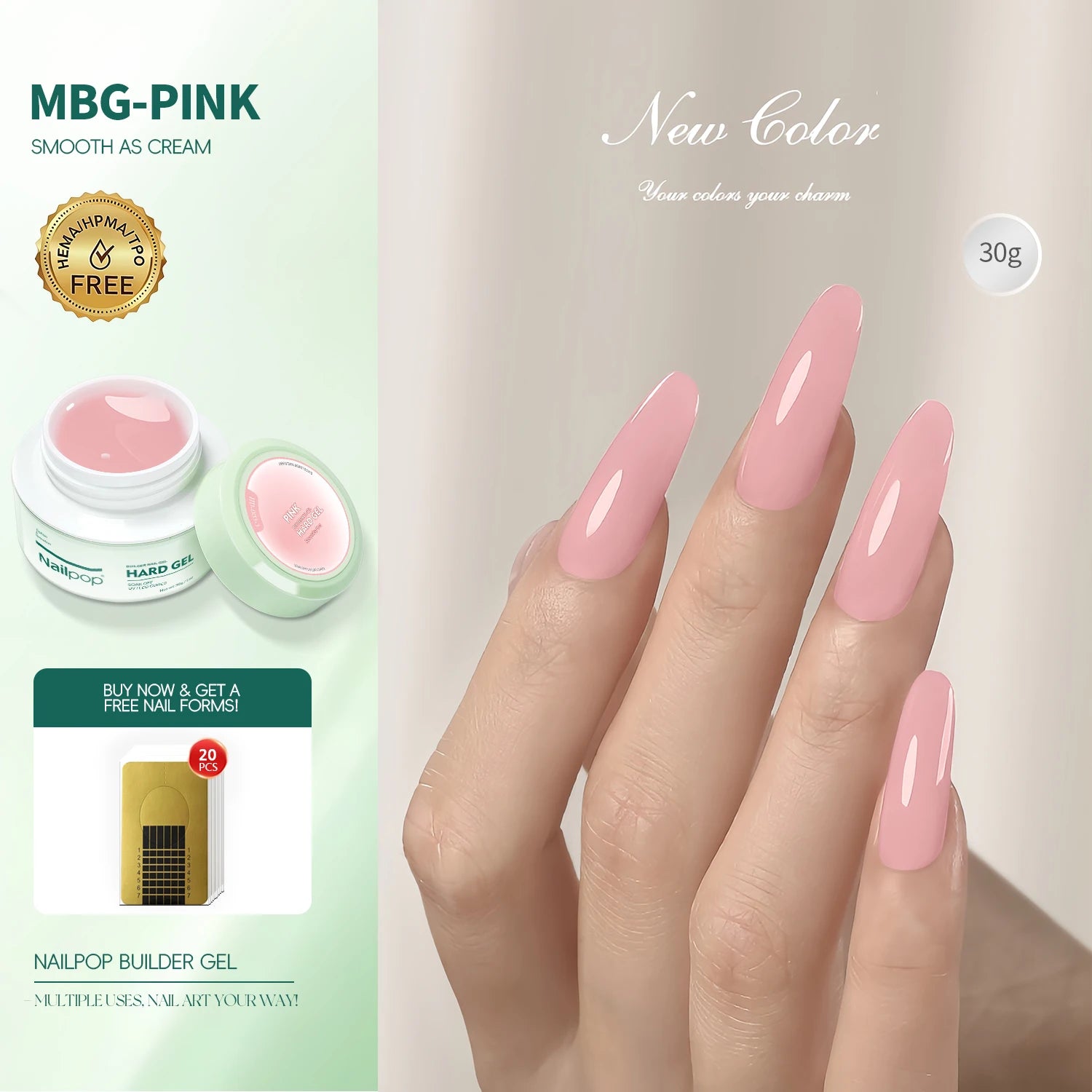 Nailpop Builder Gel Milky Extension UV LED Cured Acrylic Nails Long Qme MBG-Pink