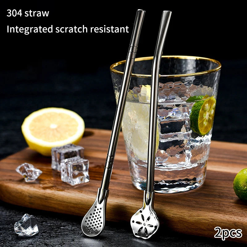 2pcs Detachable Filter Straw Stainless Steel Straw Spoon Tea Filter Yerba Mate Straw Reusable Drinking Tools Bar Accessories. Qme