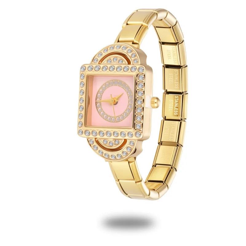 Fashion Women's Men's DIY 9mm Width Italian Elastic Charm Stainless Square Shiny Zircon Watch Bracelet Bangle For Birthday Gifts Qme Style 18