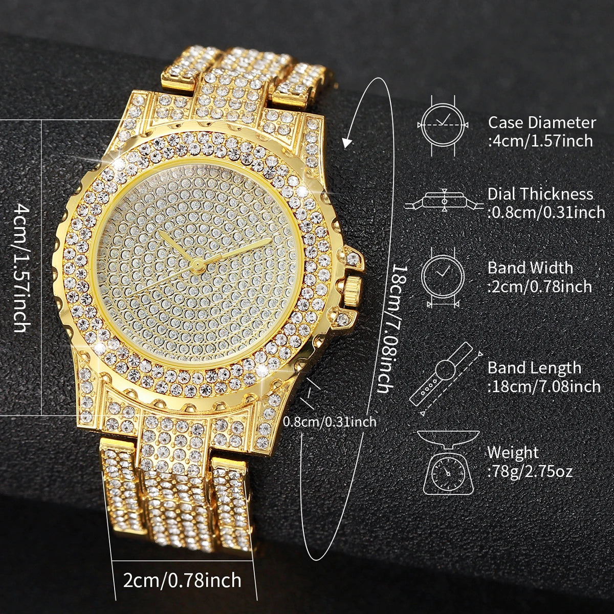 3 Pcs/Set Luxury Full Diamond Men's Watches Gold Steel Band Analog Watch Quartz Necklace Bracelet Set Men's Watch Qme