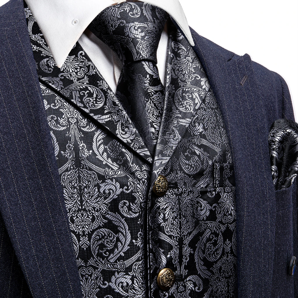 Men's Floral Vest Tie Hanky Cufflinks Formal Blue Grey Green Qme