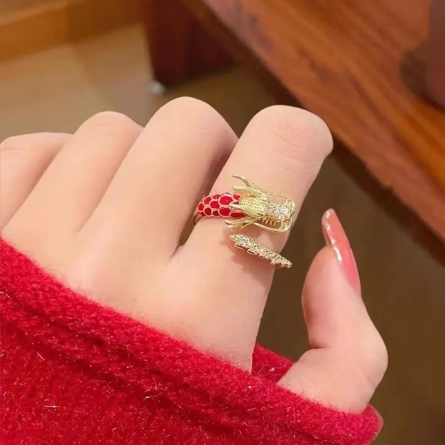 Niche Golden Dragon Shaped Gold Electroplating Attraction Open Ring Lucky Realistic Light Luxury High End Adjustable Jewelry Qme
