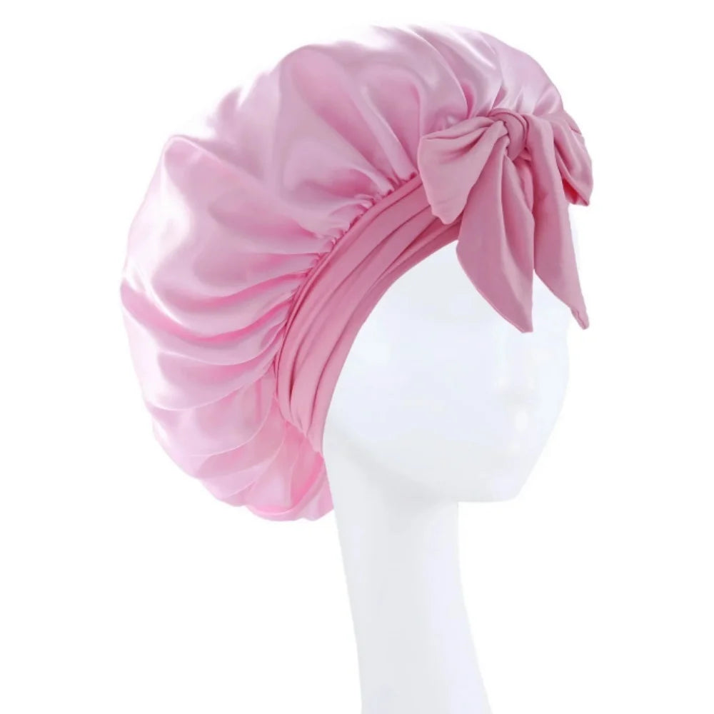 Satin Solid Hair Dye Cap With Stretchy Tie Band Elastic Night Shower Cap Adjustable Hair Head Cover Bonnet Turban For Women Men Qme Pink