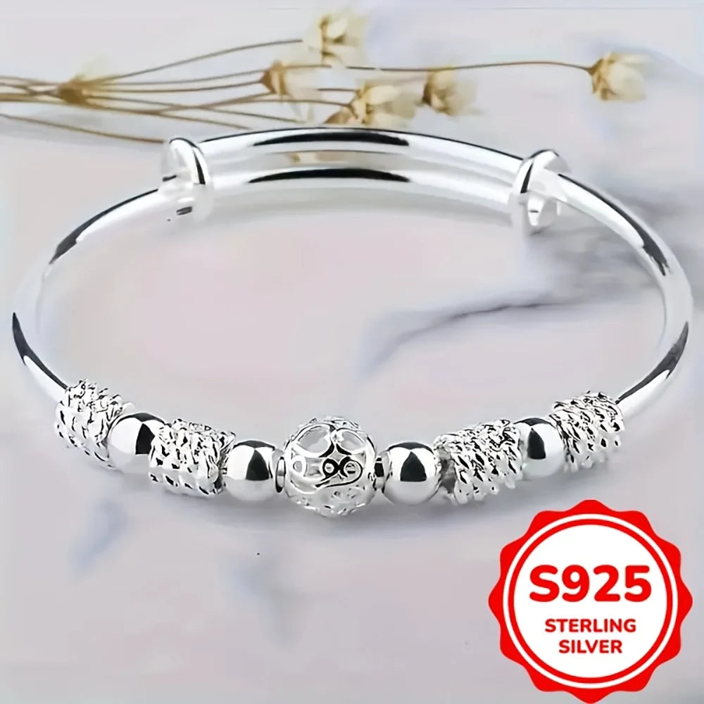 925 Sterling Silver Exquisite Beaded Bangle for Women, Stylish and Elegant Adjustable Bangle, Party Gift Accessory Jewelry Qme