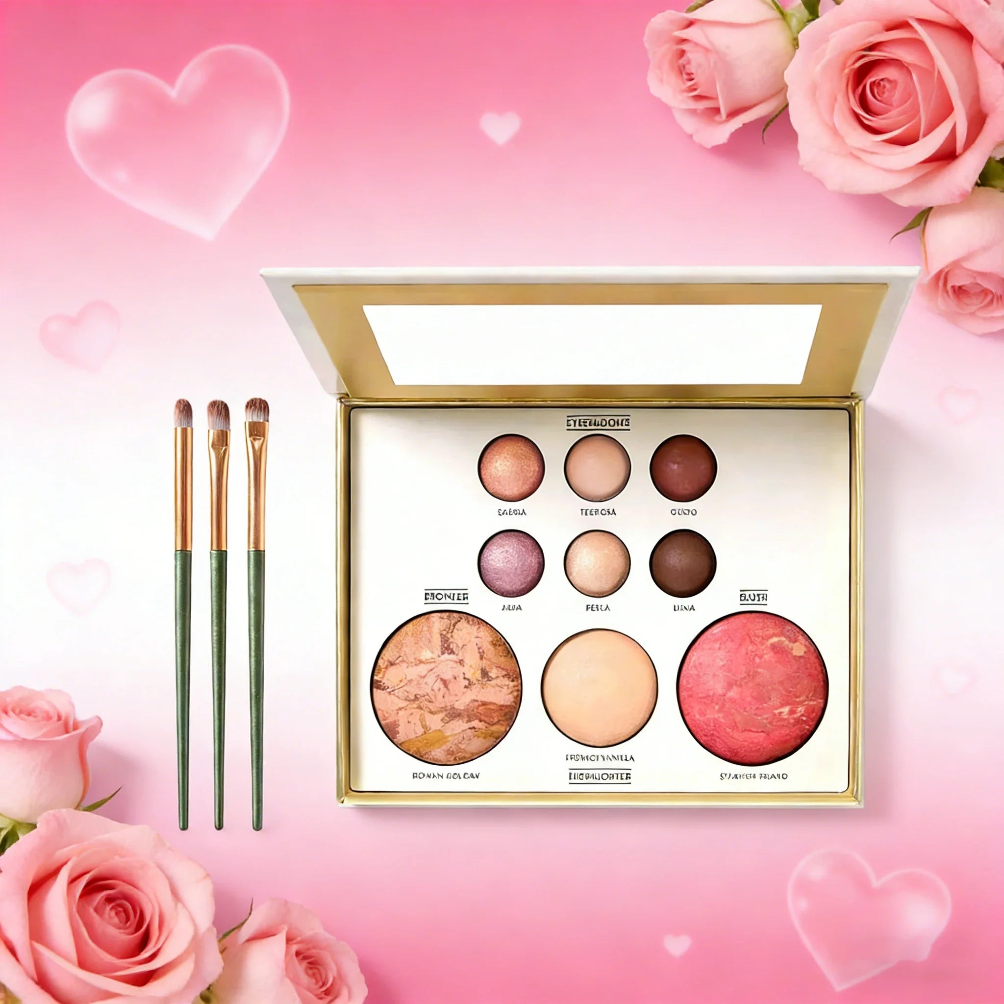 Multicolor Baked Powder Makeup Set Waterproof Brightening Setting Concealing Smudge Proof with 3 Pcs Brushes Valentine's Day Gif Qme