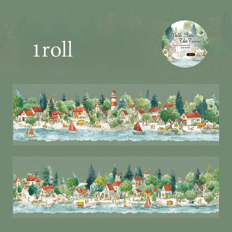 Watercolor Fairy Tale Town Washi Tape, Healing & Relaxing Creative Material, Ideal for Journal Scenery, Collage Qme D