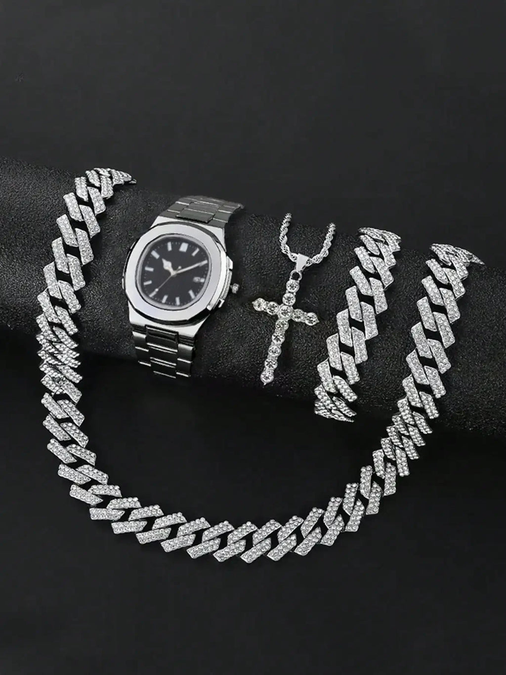 Men's Bling Jewelry Set: Silver Iced Out Watch + Cuban Link Chain + Bracelet + Cross Pendant Necklace, 4Pcs Hip Hop Set Qme