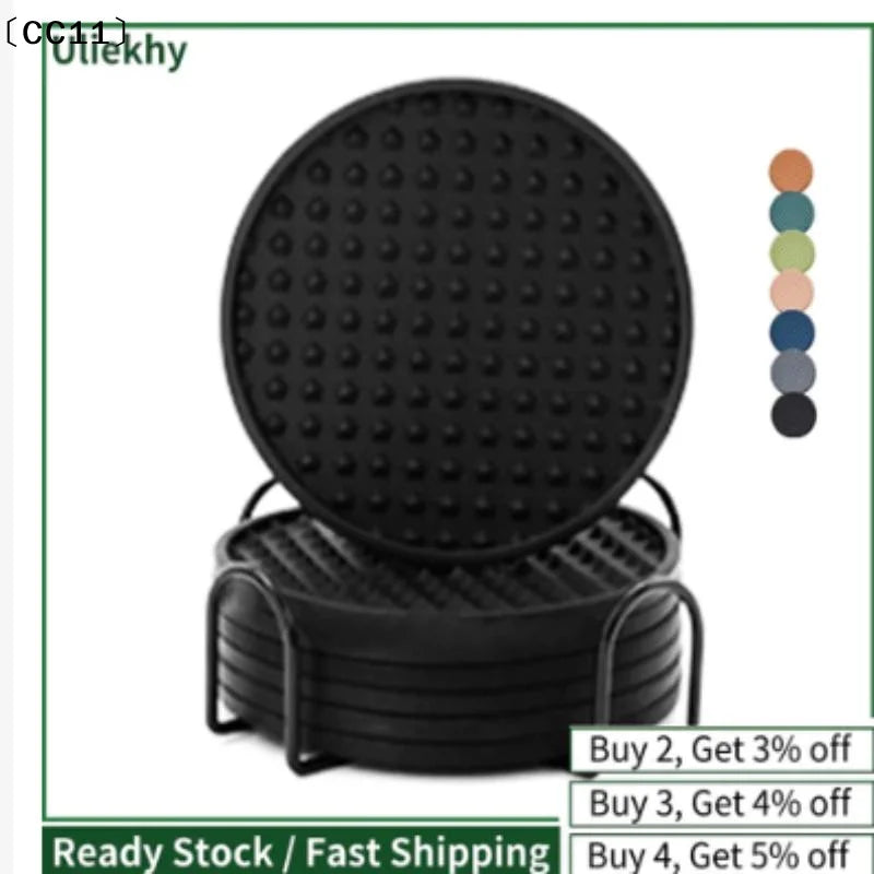 6 Silicone Drink Coasters Metal Holder Cup Coaster Drinks Absorbent Qme