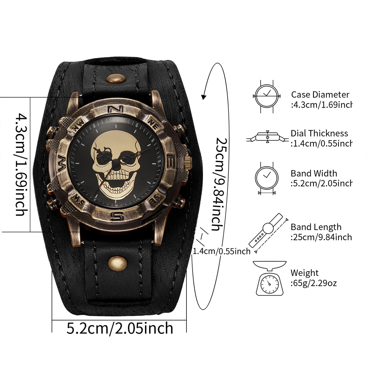 Vintage Skull Men Watch Wide Dark Brown Leather Strap Compass Bezel Punk Style Large Dial Quartz Wristwatch For Male Qme