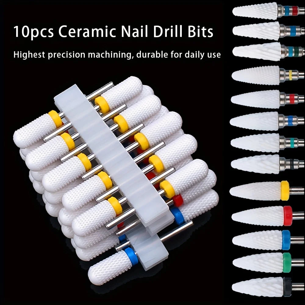 10pcs Ceramic Nail Drill Bits Set Milling Cutter For Electric Manicure Bit Flame Corn Files Pedicure Machine Polish Accessories Qme