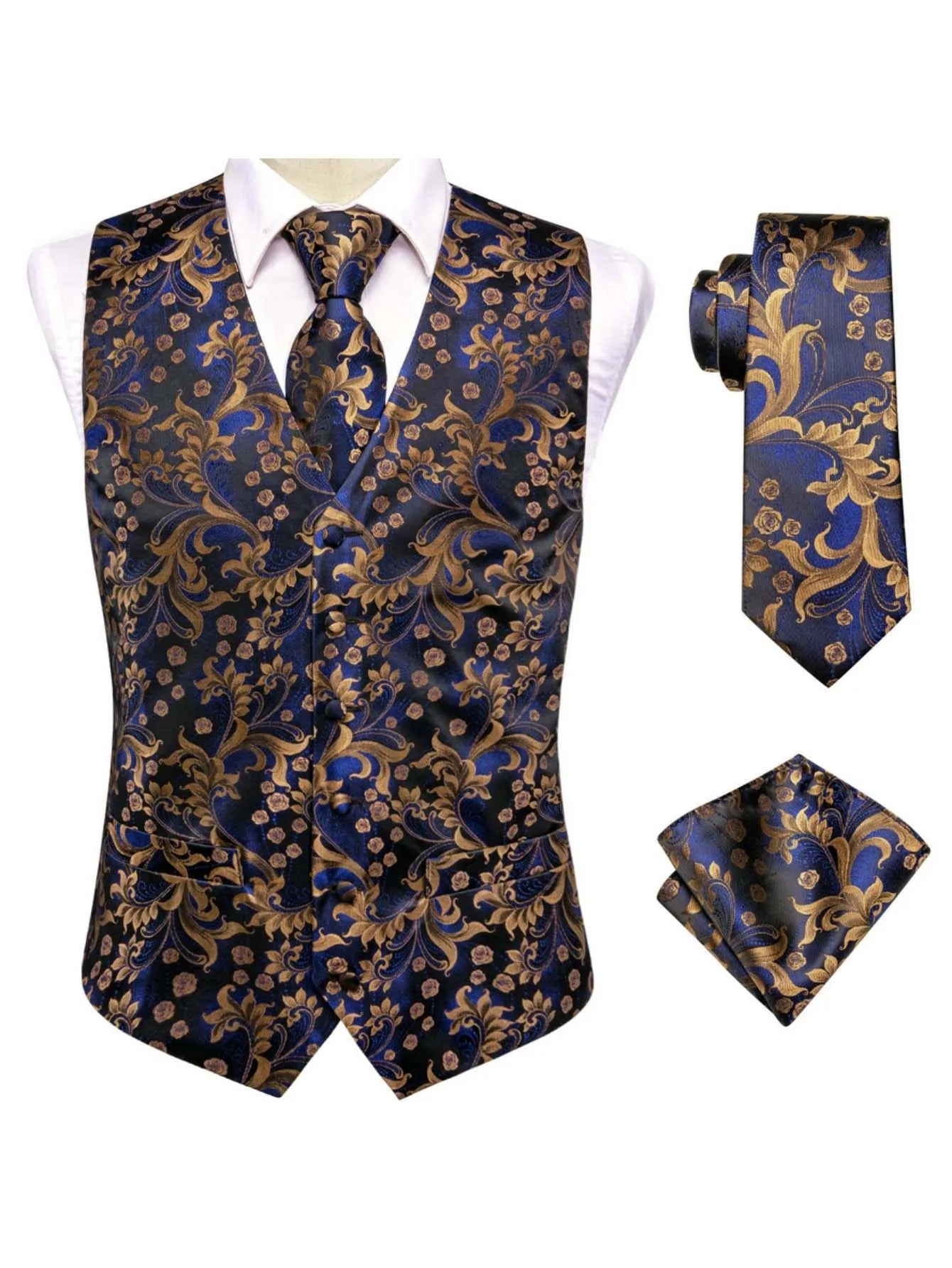 Blue Men Vest Three-Piece Suit Set, Dress Waistcoat with Tie and Pocket Square for Party Ceremony Qme MJ-3006 XXXL