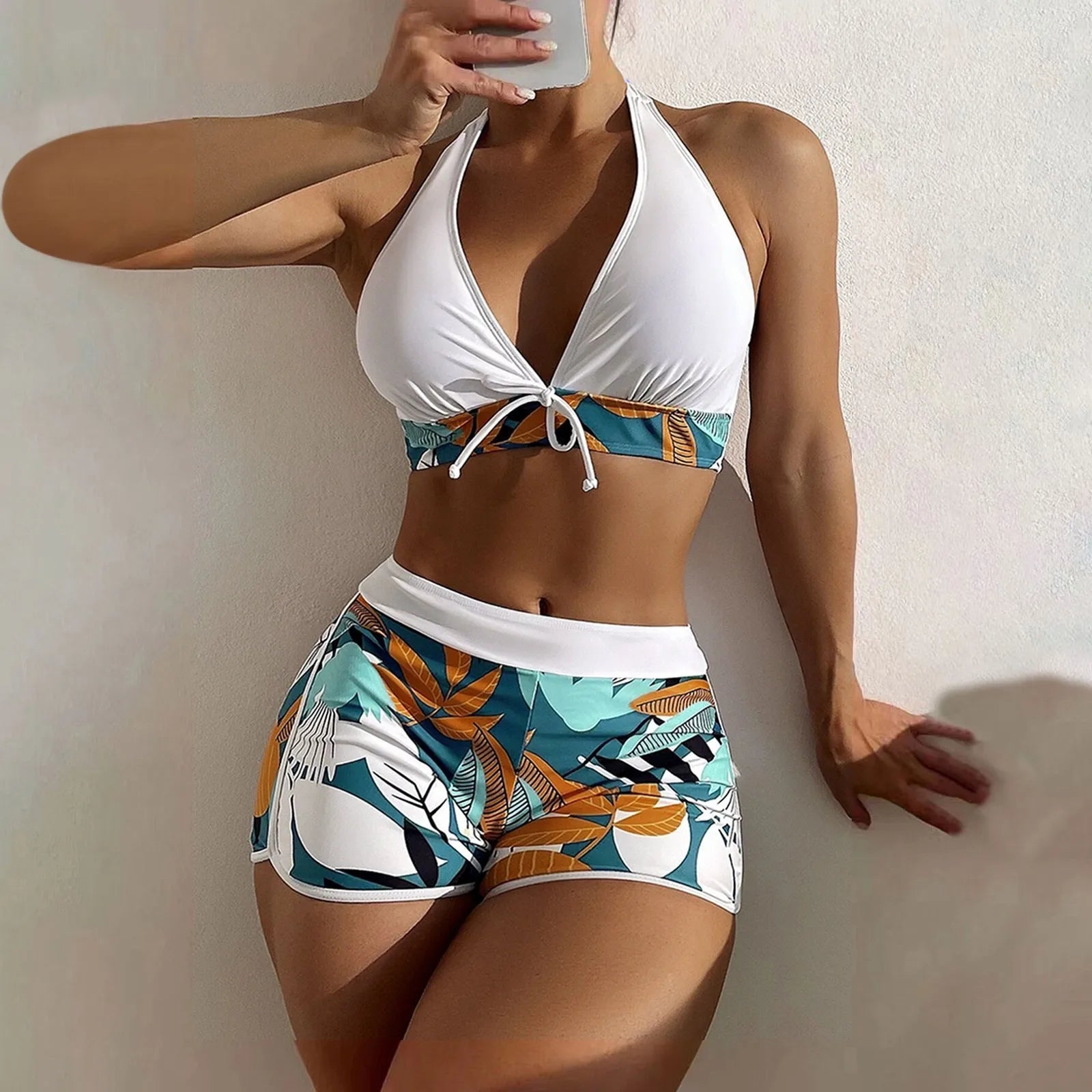 Women's Paneled Printed Swimsuit Ladies Fashion Sexy Split Boxer High Waist Swimsuit Two-Piece Set V-Neck Bathing Suits Female Qme White XL