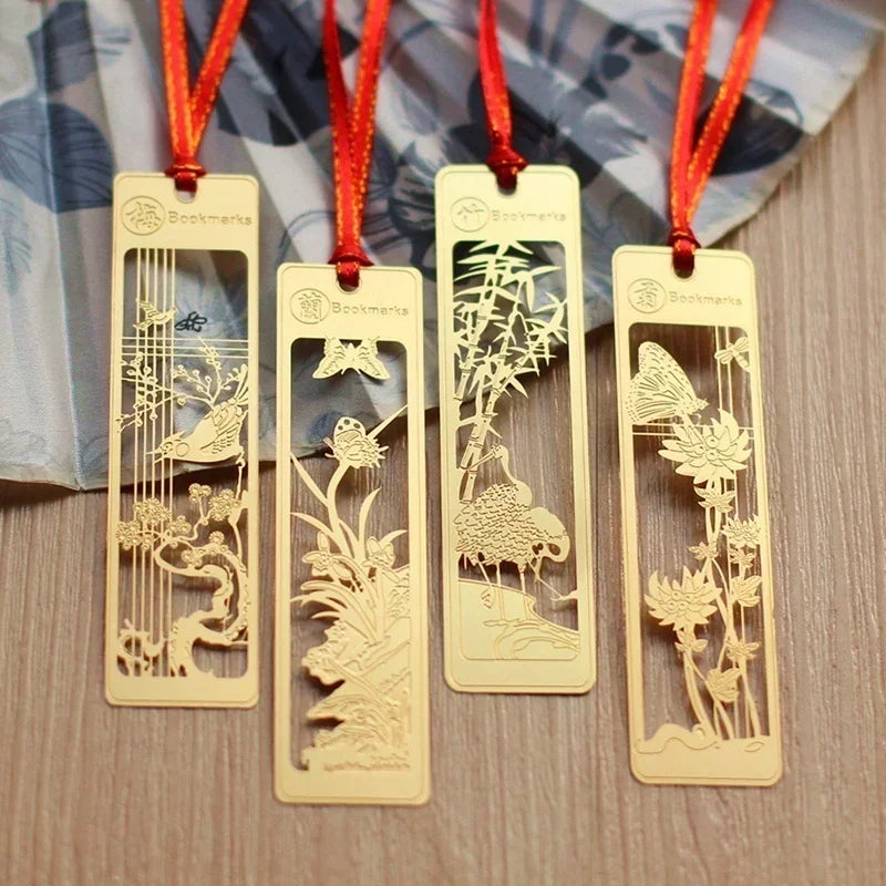 Chinese Style Bookmarks Creative Metal Hollow Out Metal Book Mark Tasse With Red Knot For Kids Students Gifts School Supplies Qme