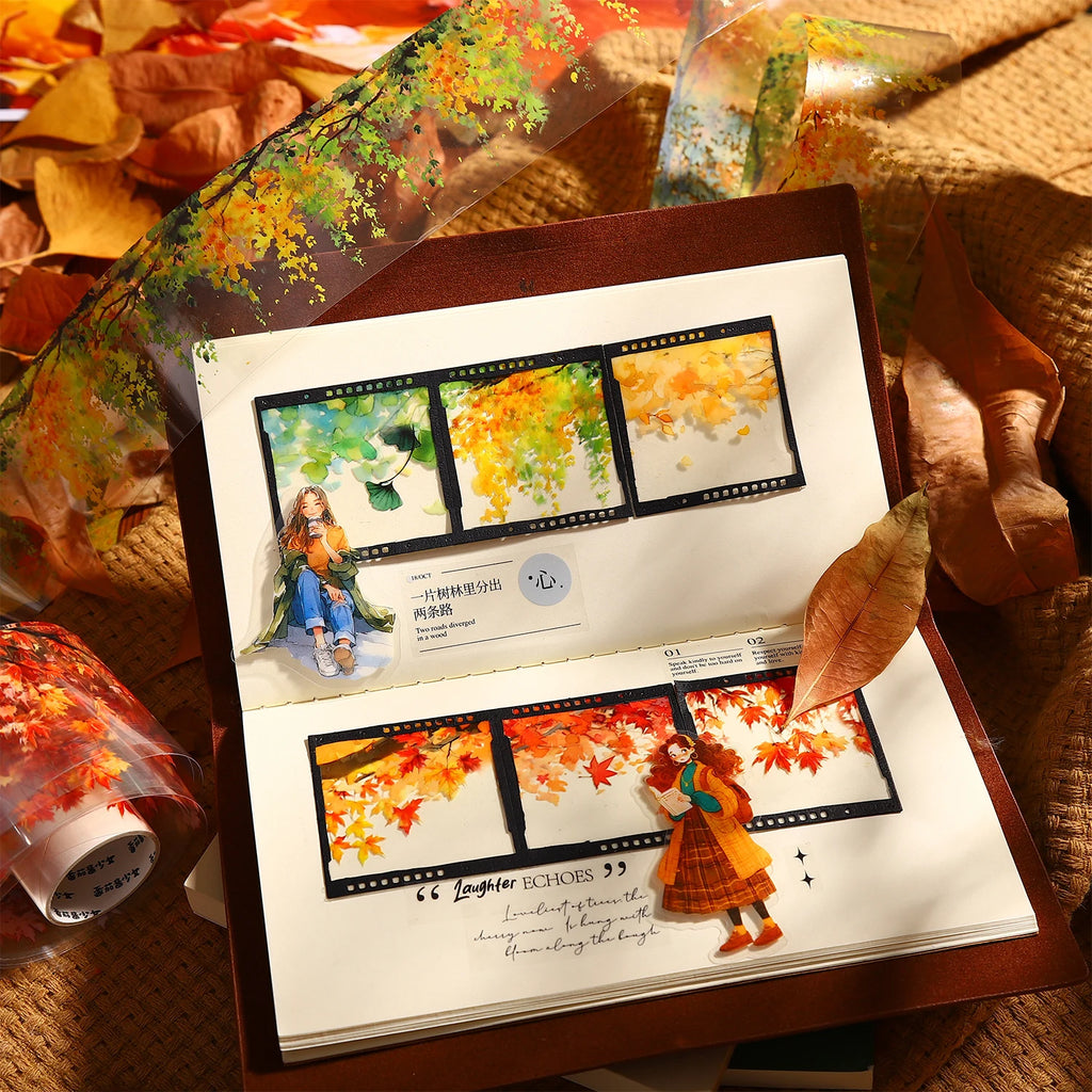 1 Roll Autumn Fall Leaves Pattern Tape for DIY Scrapbook Journal, Phone Case Decoration, Gift Wrapping & Craft Collage Qme