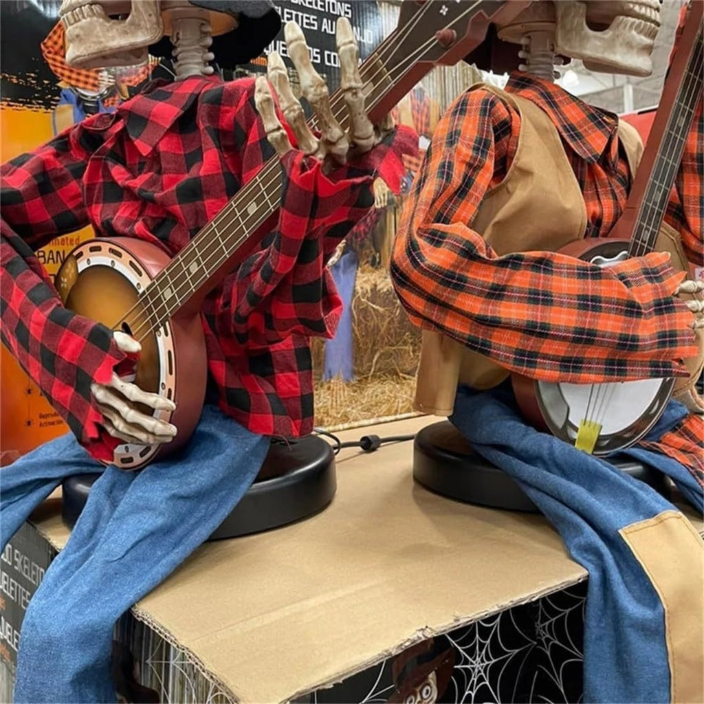 Animated Motion Sound Activated Musical Multi Lingual Banjo Skeletons Duo Halloween Fall Indoor Glowing Skeleton Skeleton Decor Qme