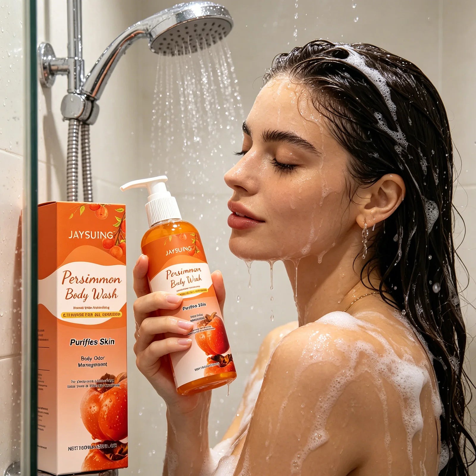 Jaysuing Persimmon Body Wash Odor Removal Refreshing Oil Control Exfoliating Body Cleaning Smooth Skin Purification Shower Gel Qme