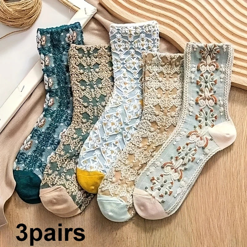 3pairs Floral Print Court Socks - Elegant, Breathable Fabric, Sweat-Absorbent, Comfortable Stockings for Daily WearRandom color Qme 3pairs One Size