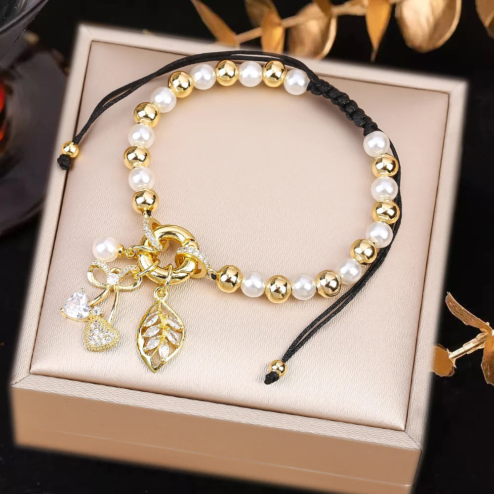 High Quality Pearl Chain Braided Crystal Cherry Adjustable Rope Bracelet Charming For Woman Girl Party Jewelry Gift Daily Wear Qme O