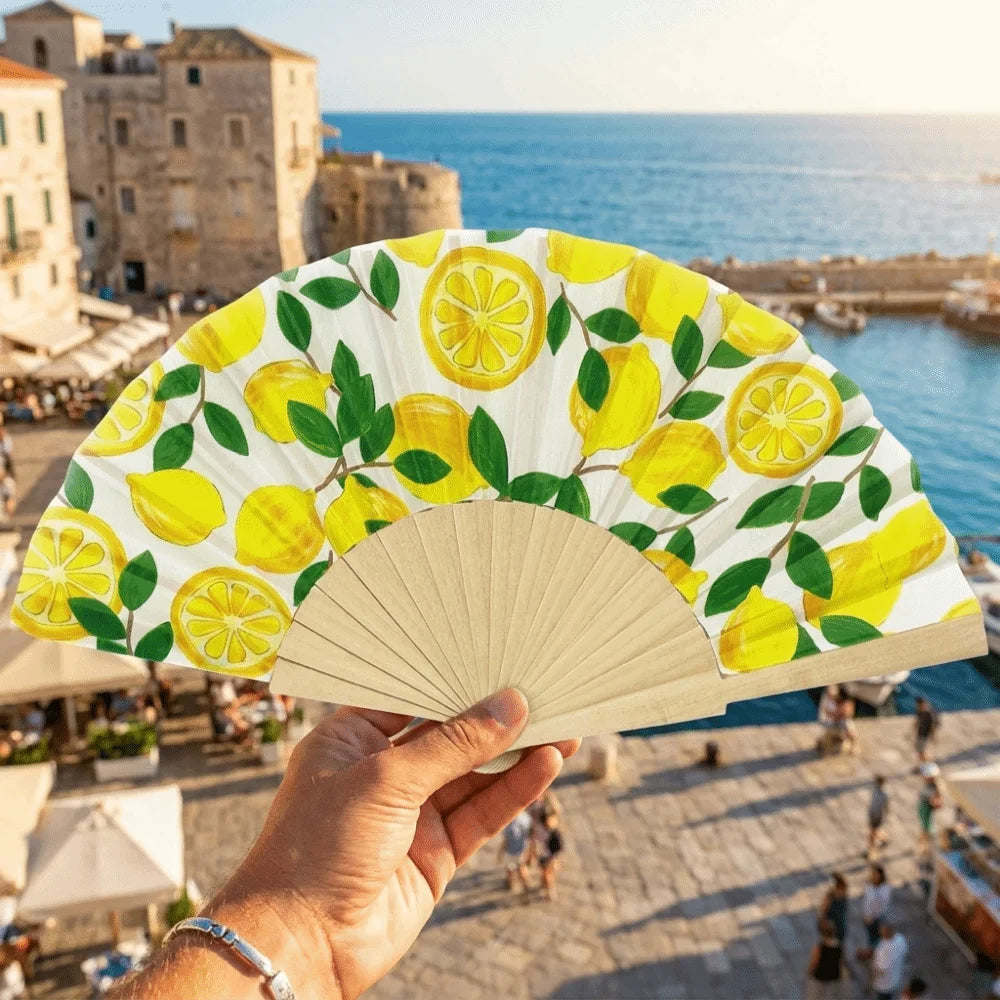 Fashion Lemon Print Folding Hand Fan Delicate Wooden Handle Cranked Qme