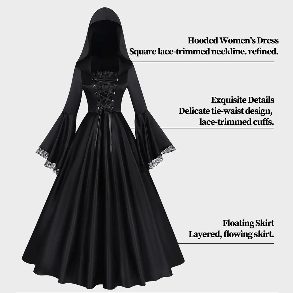 Witch Costume Black Skirt Gothic Dress-up With Hood Halloween Witch Outfit Costume Dress For Haunted House Cosplay Event Theater Qme