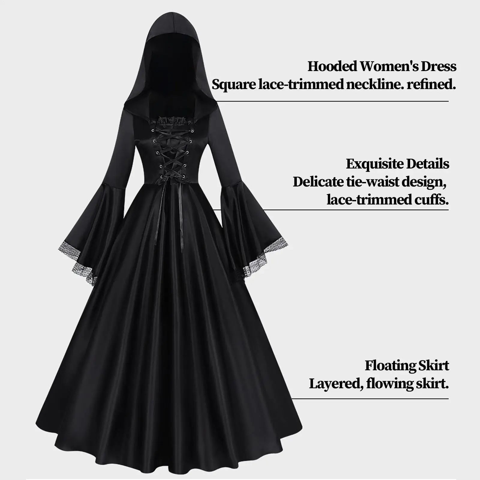 Witch Costume Black Skirt Gothic Dress-up With Hood Halloween Witch Outfit Costume Dress For Haunted House Cosplay Event Theater Qme