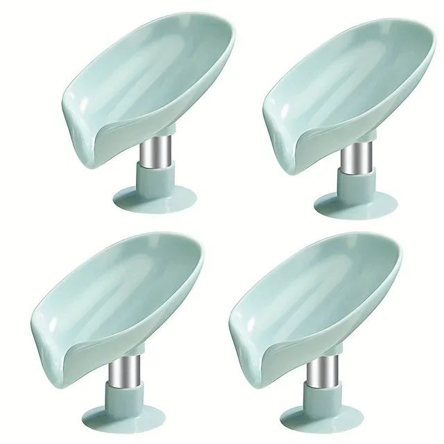 Leaf Design Drain Soap Box With Suction Cup Decorative Plastic Self Draining Bathroom Soap Tray Bathroom Organizers Storage Qme 4pcs Green