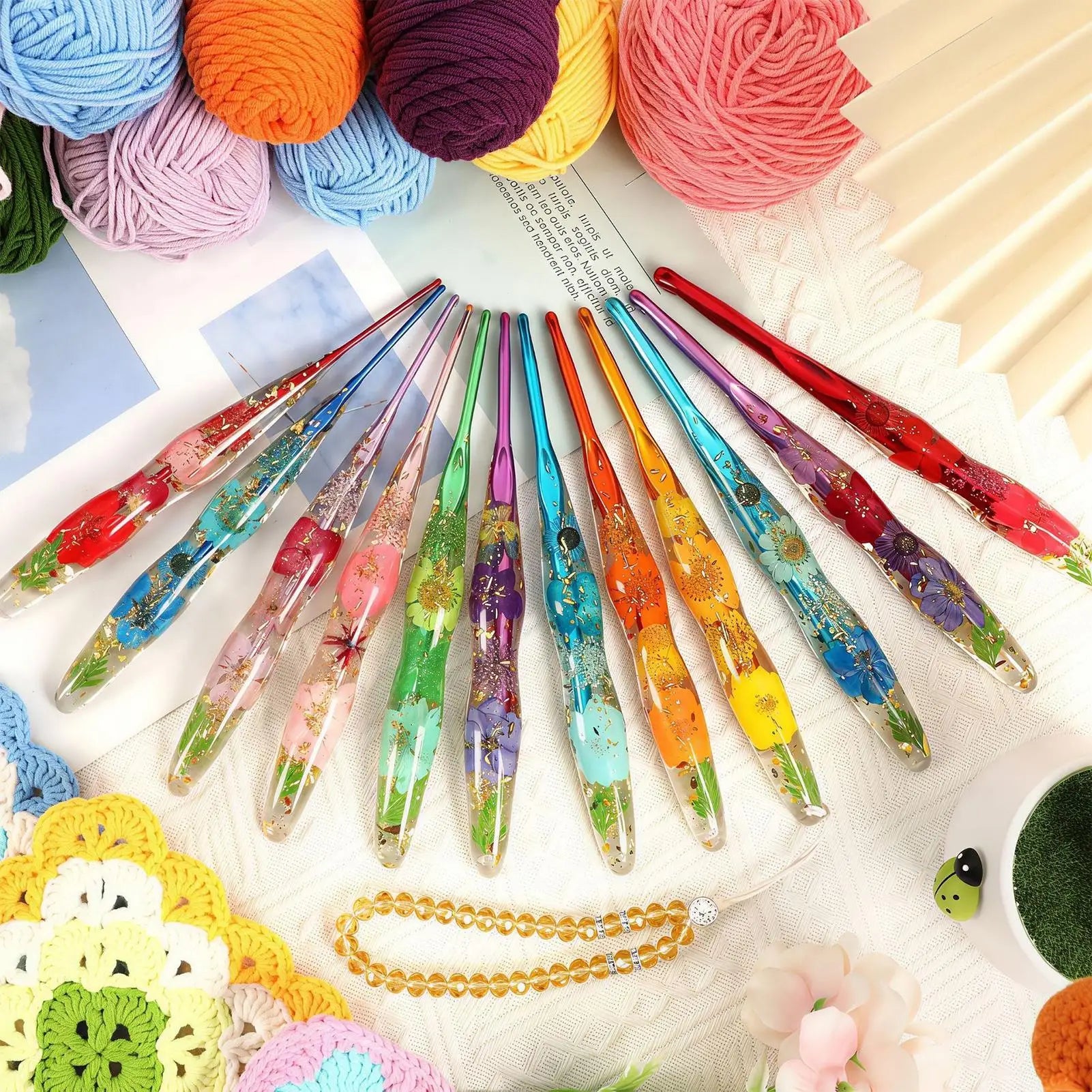 Crochet Hooks 9 Flower Pattern Resin Handle Knitting Yarn Hook Women Qme
