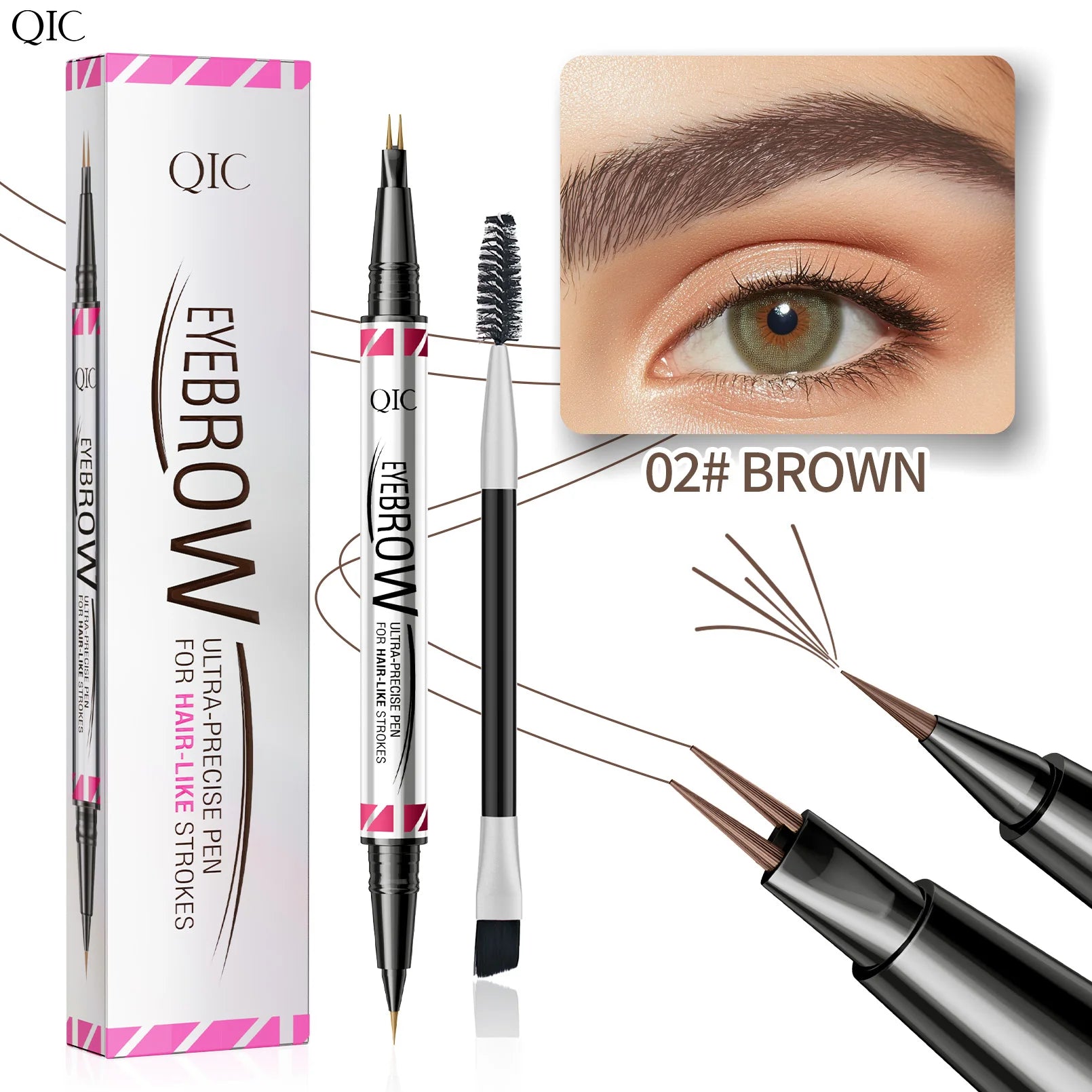 Waterproof Eyebrow Pencil with Micro Blade Tip & Brush Ended Liquid Brow Marker, Quick-Dry Non-Smudge Formula, Sweatproof Qme Q712-2