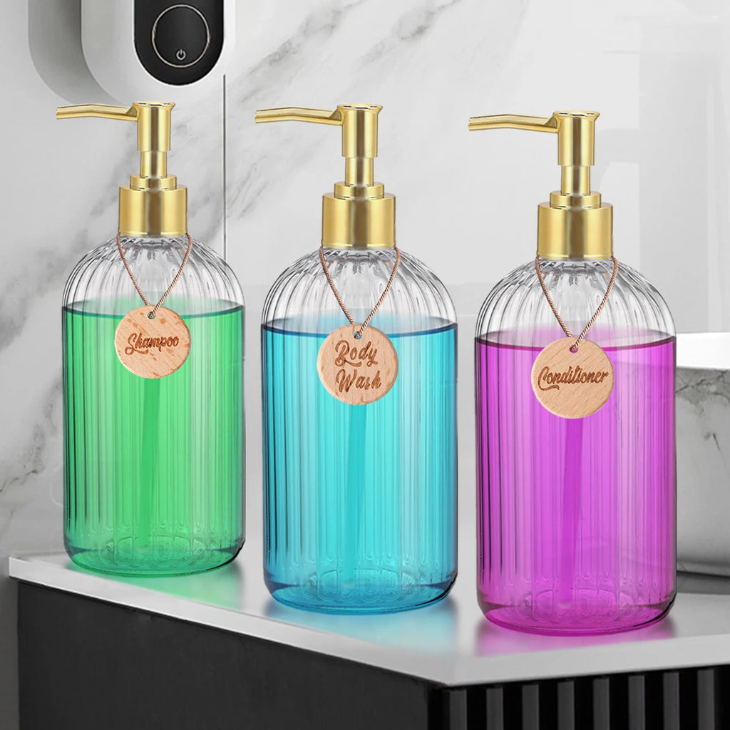 Set of 3 Refillable Shampoo and Conditioner Bottles, 16.9oz/500ml Elegant Guest Room Decoration Shampoo Dispenser with Gold Pump Qme
