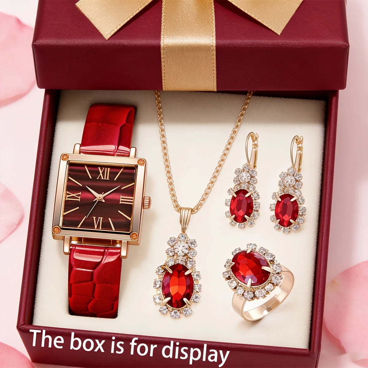 5PCS Romantic Valentine's Day Set, Light Luxury Elegant Watch+Same Color Jewelry Set, Send Girl a Message Qme Red