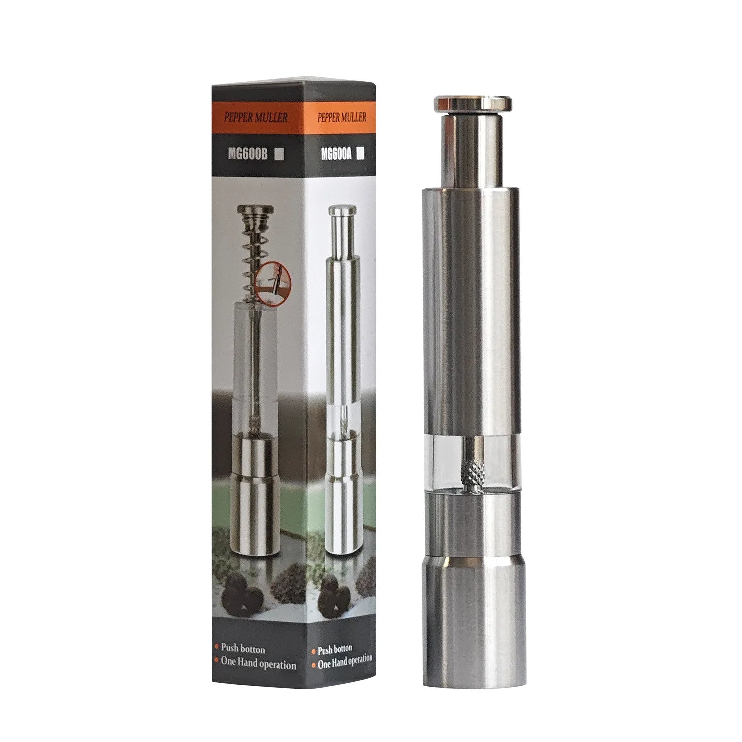 1-2PCS Stainless Steel Press Grinder,Manual Pepper Mill,Sea Salt Grinding Bottle,Pepper Powder Crusher,Kitchen Seasoning Grinder Qme Single FG
