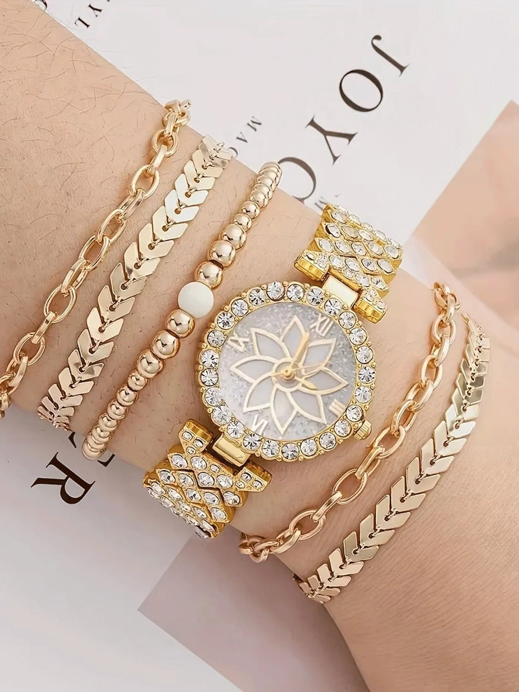 Women Silver Watch Bracelet Set, Full Rhinestone Lotus Dial Quartz Wristwatch + Multi-style Chain Stackable Bracelets JewelryKit Qme