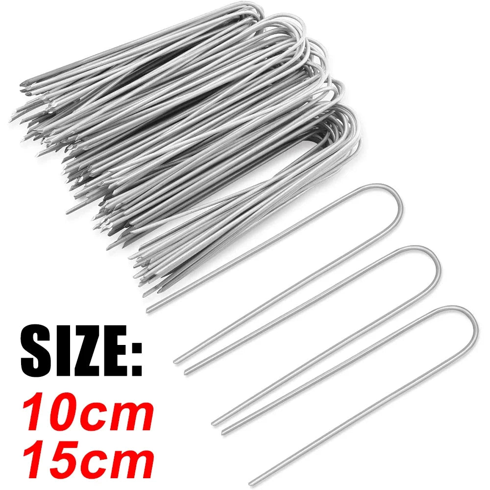 U-type Garden Staples Heavy-duty Fence Tubing Stakes Sod Pins Galvanized Landscape Spike for Holding Lawns Barrier Ground Nail Qme