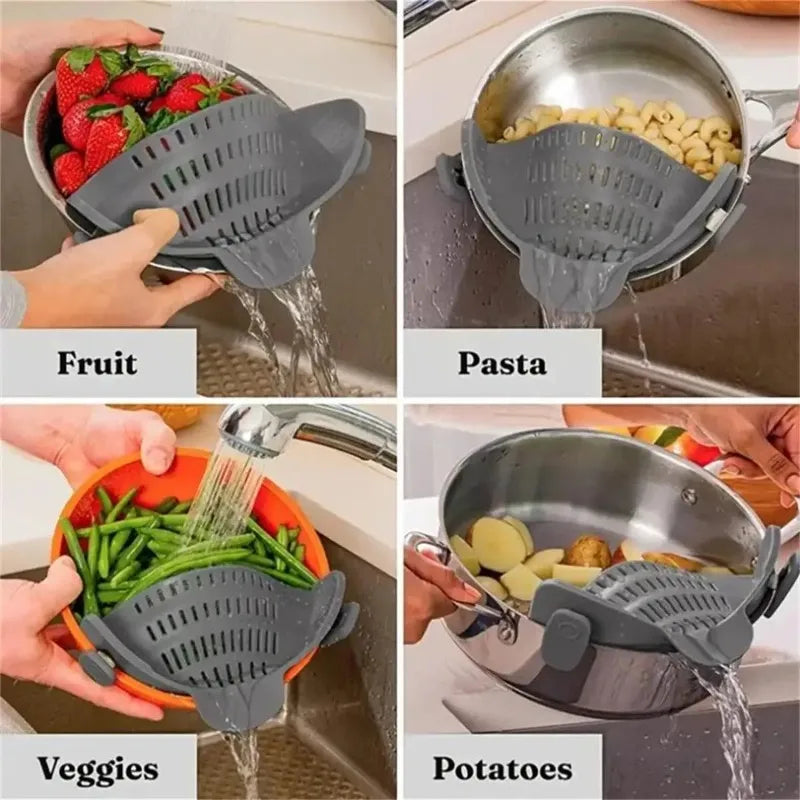 Adjustable Pot Strainer Clip-on Kitchen Pots Pans Bowls Stainless Qme