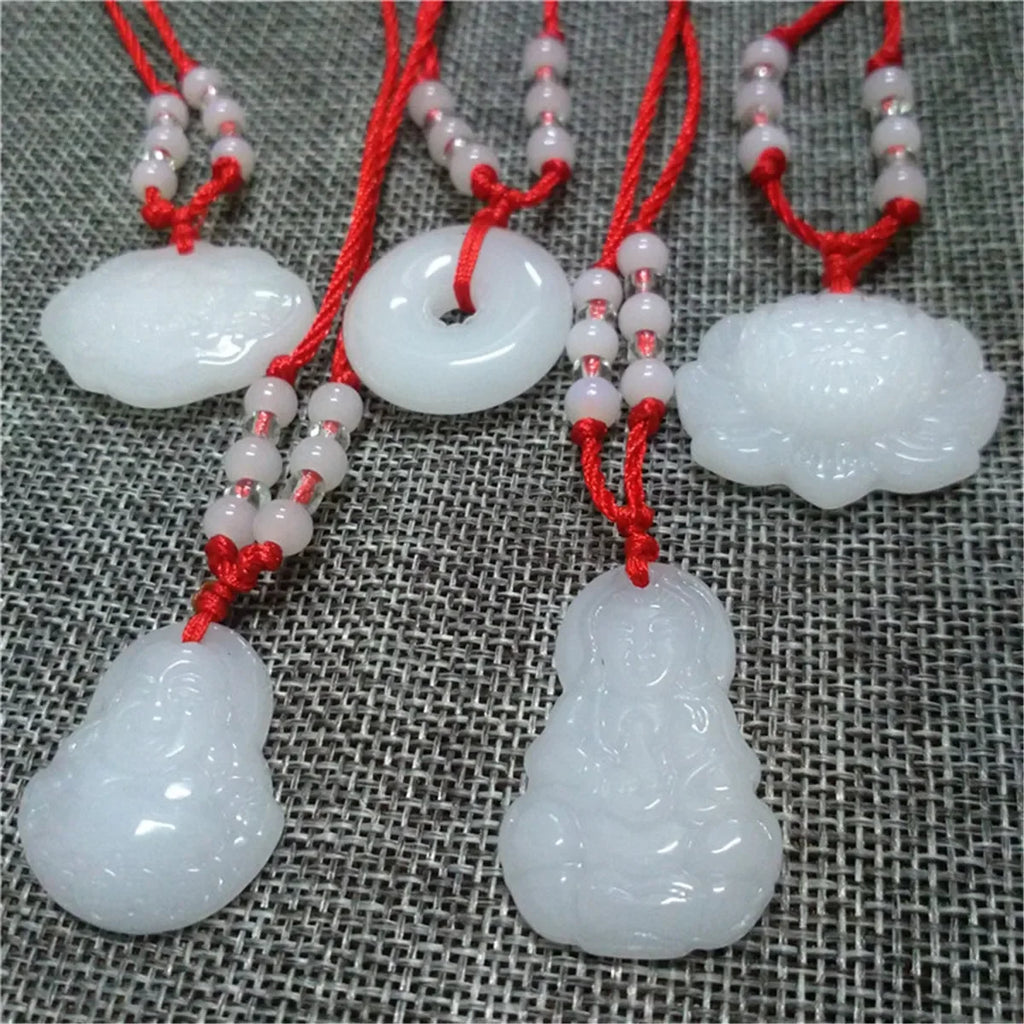 2024 Buddhist White Jade Hand Woven Pendant Necklace Lotus Guanyin Buddha Long Life Lock Pendant Lucky Religious Necklace Qme