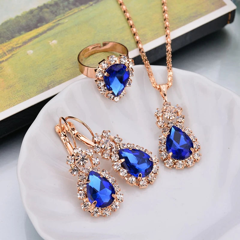 3ps Set Fashion Water Drop White Blue Red Purple Black Temperament Jewelry Sets for Party Women Pendant/Necklace/Earrings/Rings Qme