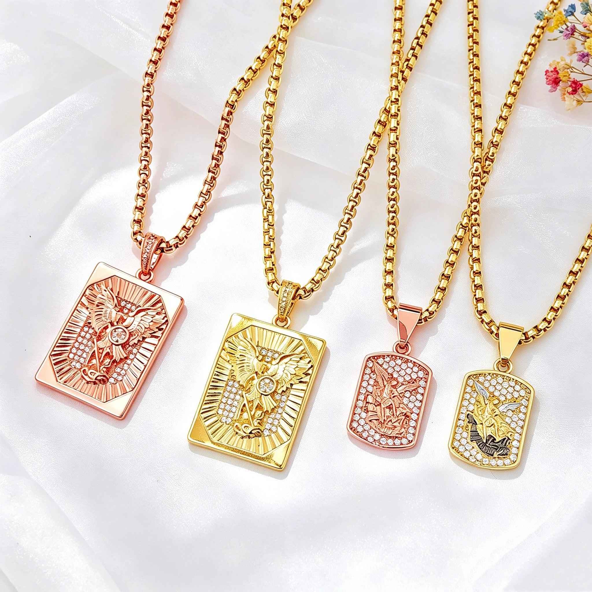 High Quality Square Religious St. Michael Stainless Steel Necklace Fashion for Men Women Party Gold/Rose Gold Zircon Jewelry Qme