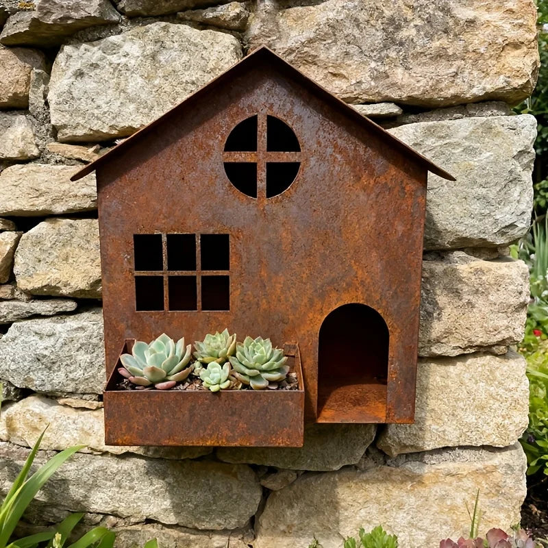 Rustic Metal House Planter Pot for Succulent Vintage Farmhouse Garden Decor Flower Decor Outdoor Patio Porch Yard Art Qme