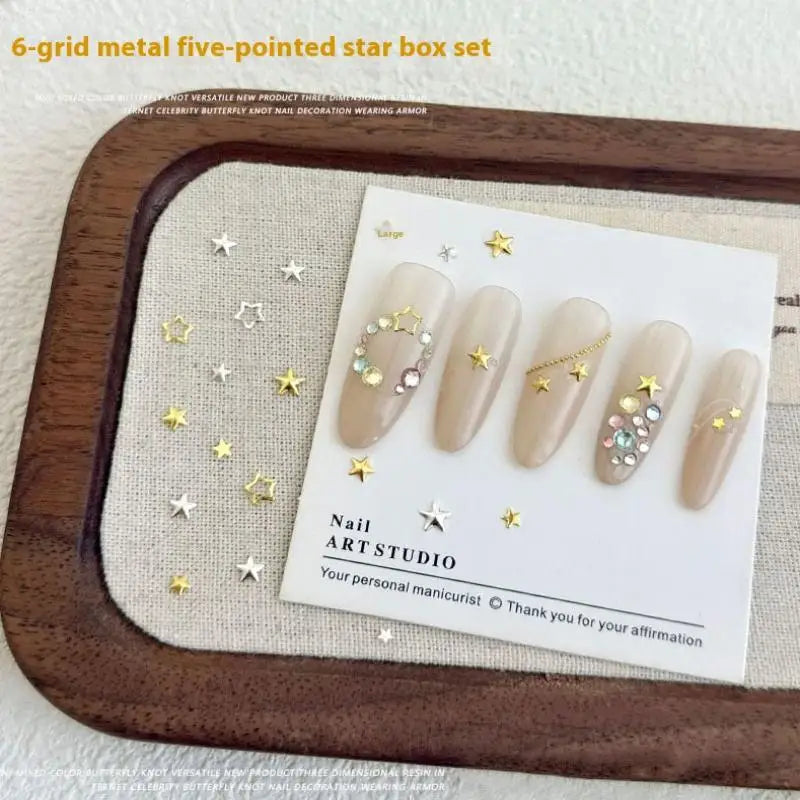 6 Grids Metallic Gold Silver Nail Art Rhinestones Pentagrams Rivet Qme