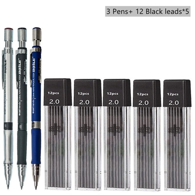 2.0mm Mechanical Pencil Set with 2B Black/Colors Lead Refill for Writing Sketching Art Drawing Painting School Automatic Pencil Qme Black Pencil set E