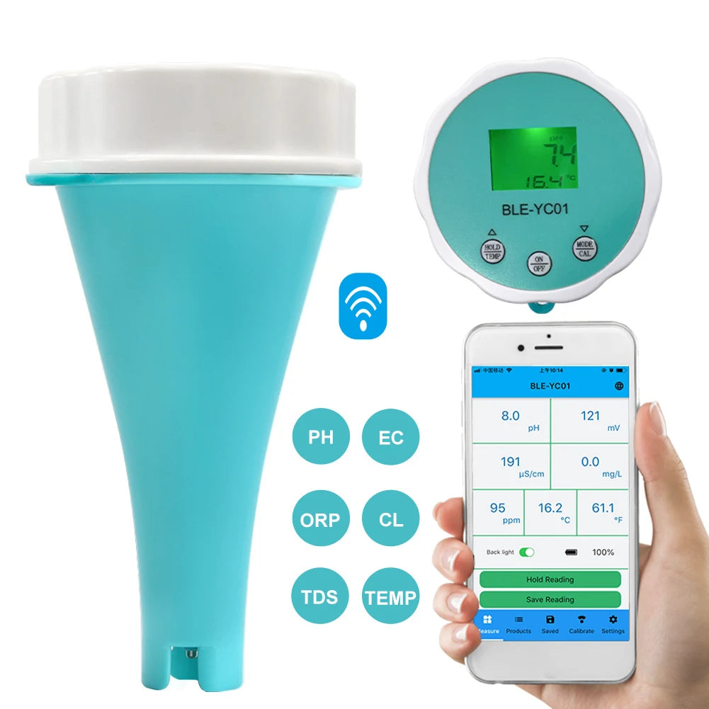 6-in-1 Residual Chlorine Monitor PH/ORP/EC/TDS Water Quality Tester Backlit LCD Display Smart Equipment Bluetooth-compatible Qme