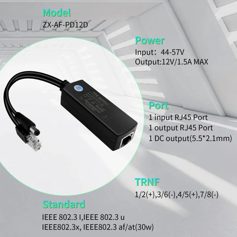 1PCS POE Splitter 48V to 5V 2.4A Gigabit Power Supply Module with Isolation Power Separation Cable Qme