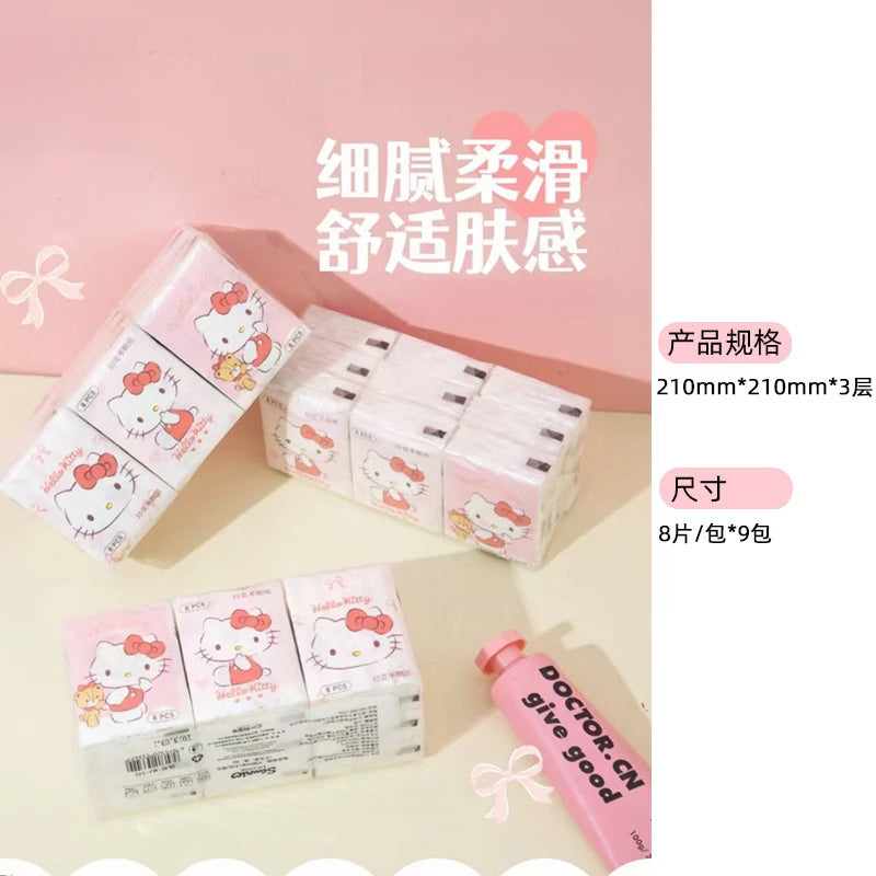 Hello Kitty Kuromi 9-Pack Printed Handkerchief Tissue Travel Tissue Cute Student-Style Small Packet Napkins Facial Tissue Qme 1