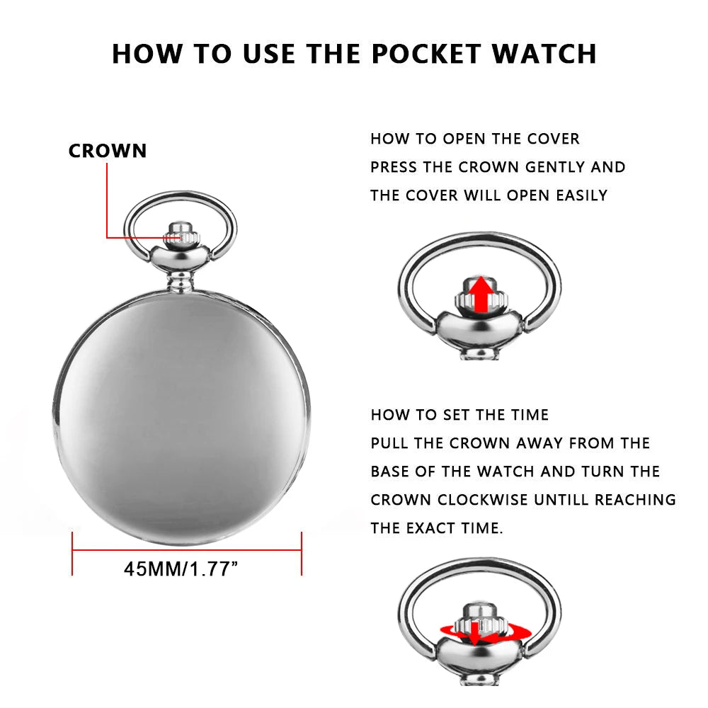 FOB Pocket Watch with Luxury Smooth Silver Pendant, Modern Analog Clock with Roman Numerals,Unisex Chain, Gift Qme