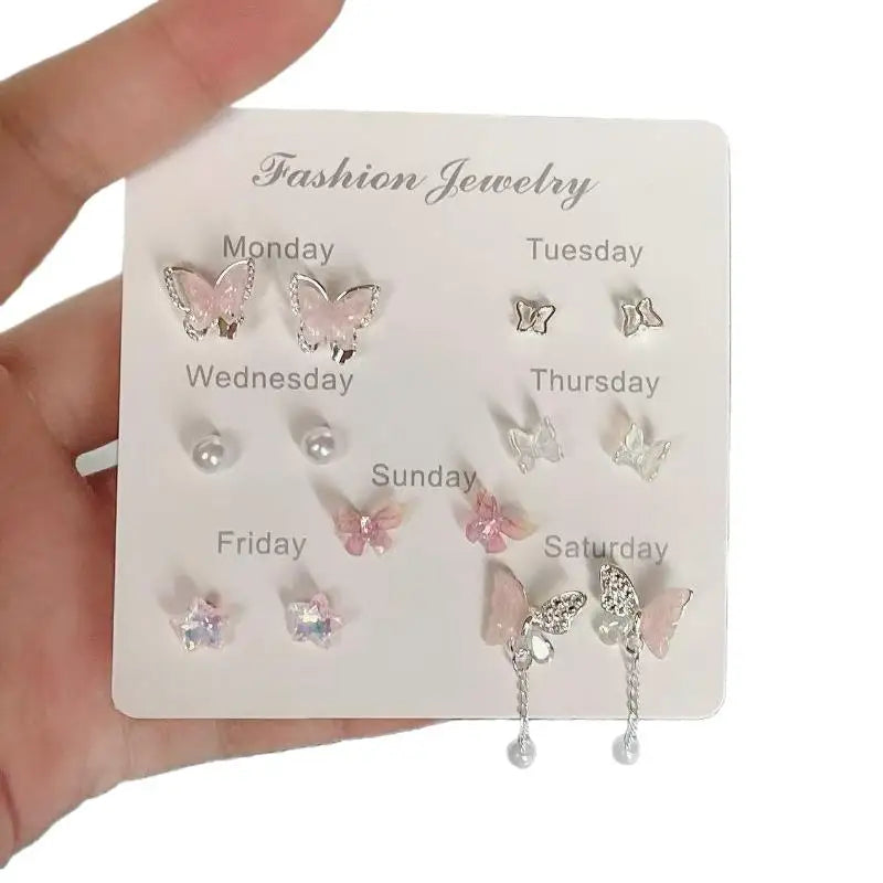 7 Pairs New Y2K Cute Butterfly Star Pearl Stud Earring For Women Exquisite Mini Earrings EMO Jewelry Gift Wholesale Direct Sale Qme